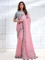 Pink Crepe Satin Silk Saree